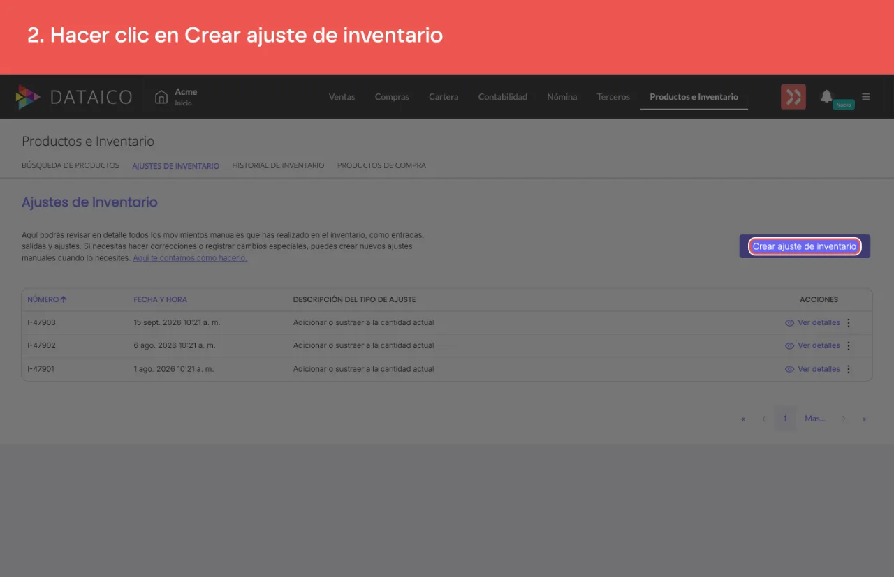 El botón Crear ajuste de inventario, en el listado de ajustes