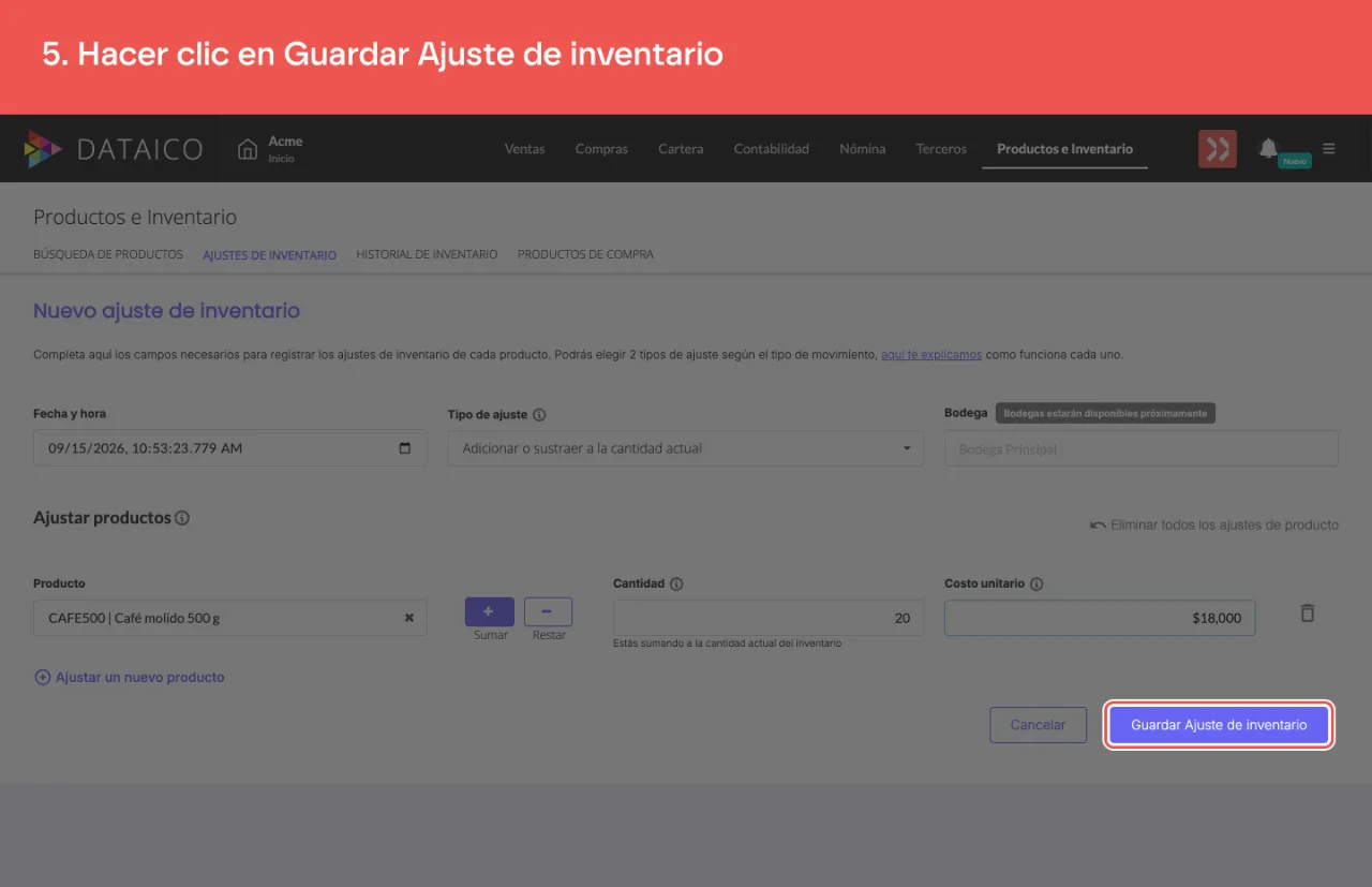 El botón que guarda el ajuste de inventario
