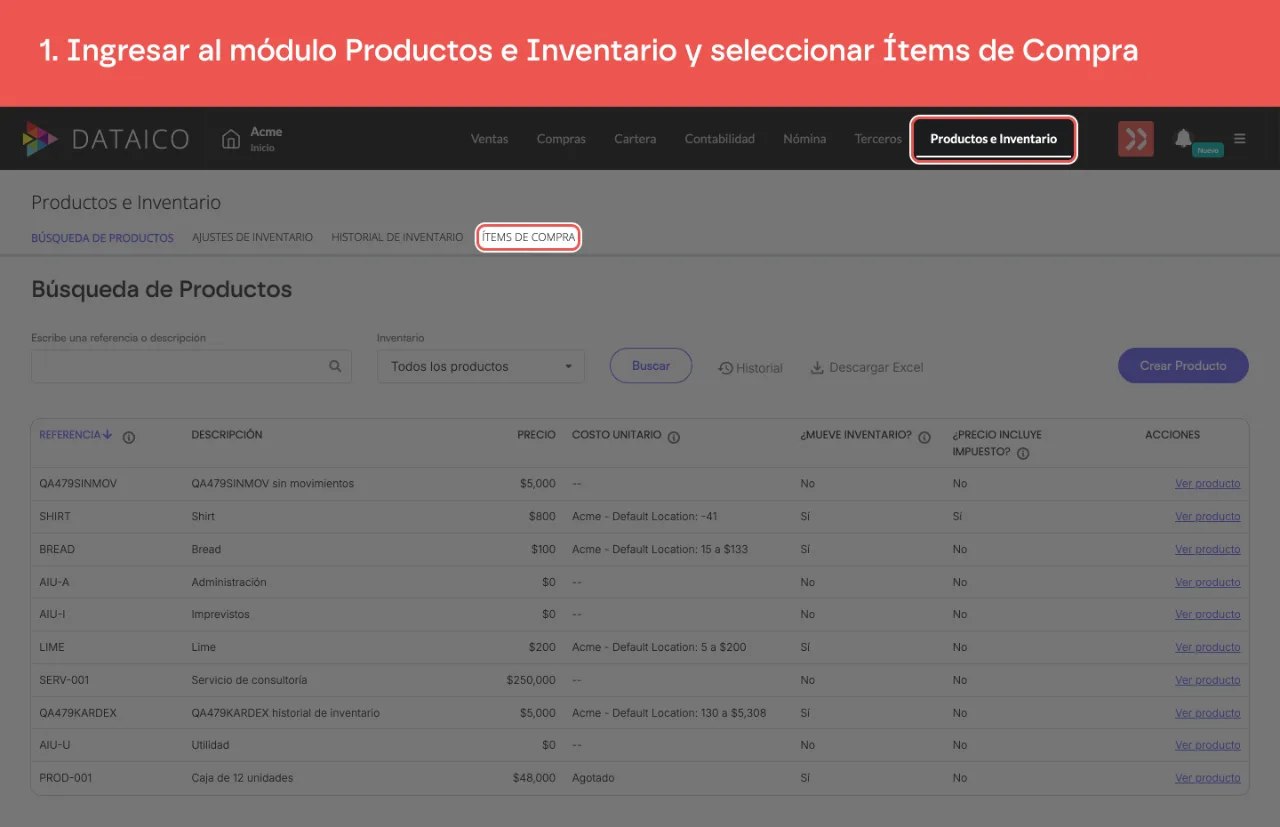 La pestaña Productos e Inventario y la subpestaña Ítems de Compra
