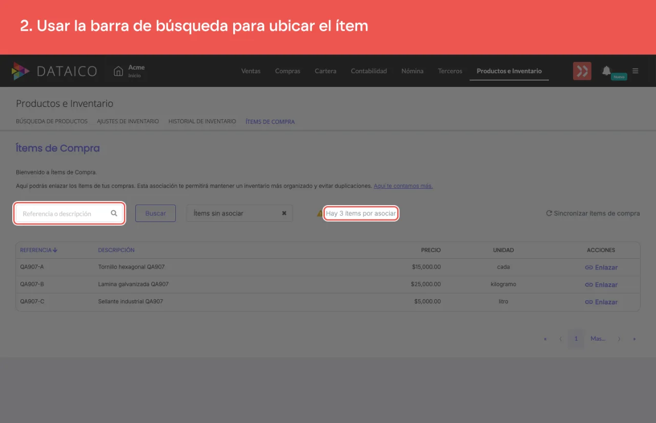 La barra de búsqueda del listado de ítems de compra y, a su derecha, el aviso de cuántos ítems faltan por asociar