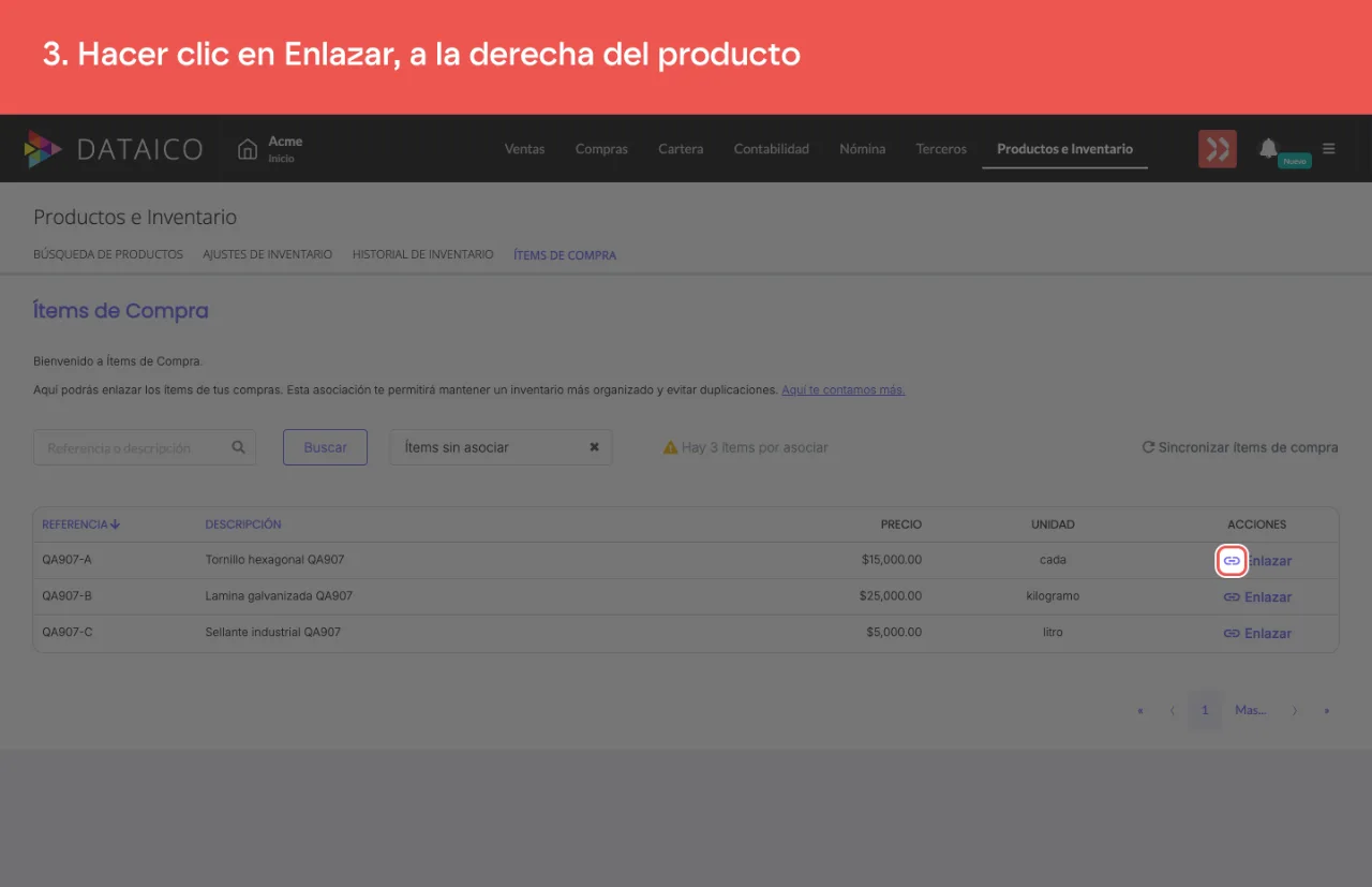La acción Enlazar de la fila del producto de compra