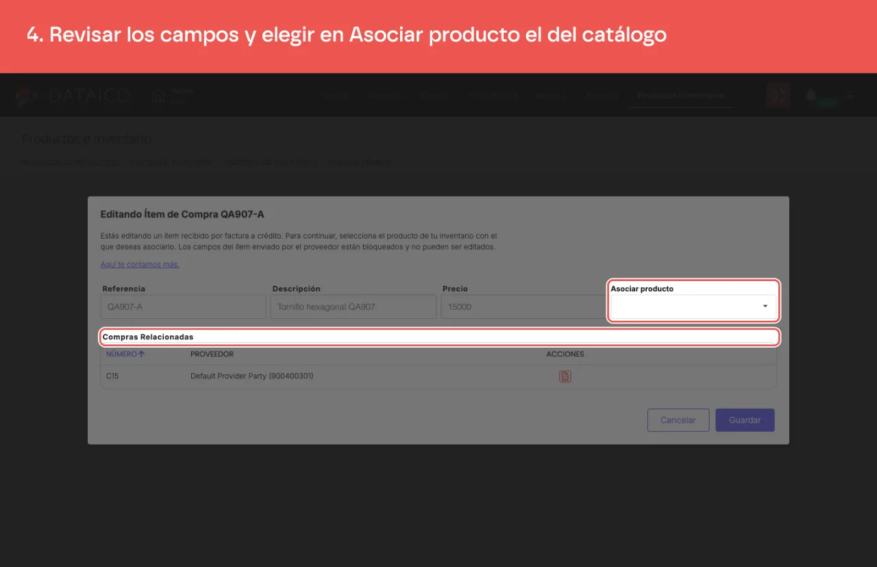 El formulario de enlace, con el selector de producto del catálogo y las compras relacionadas