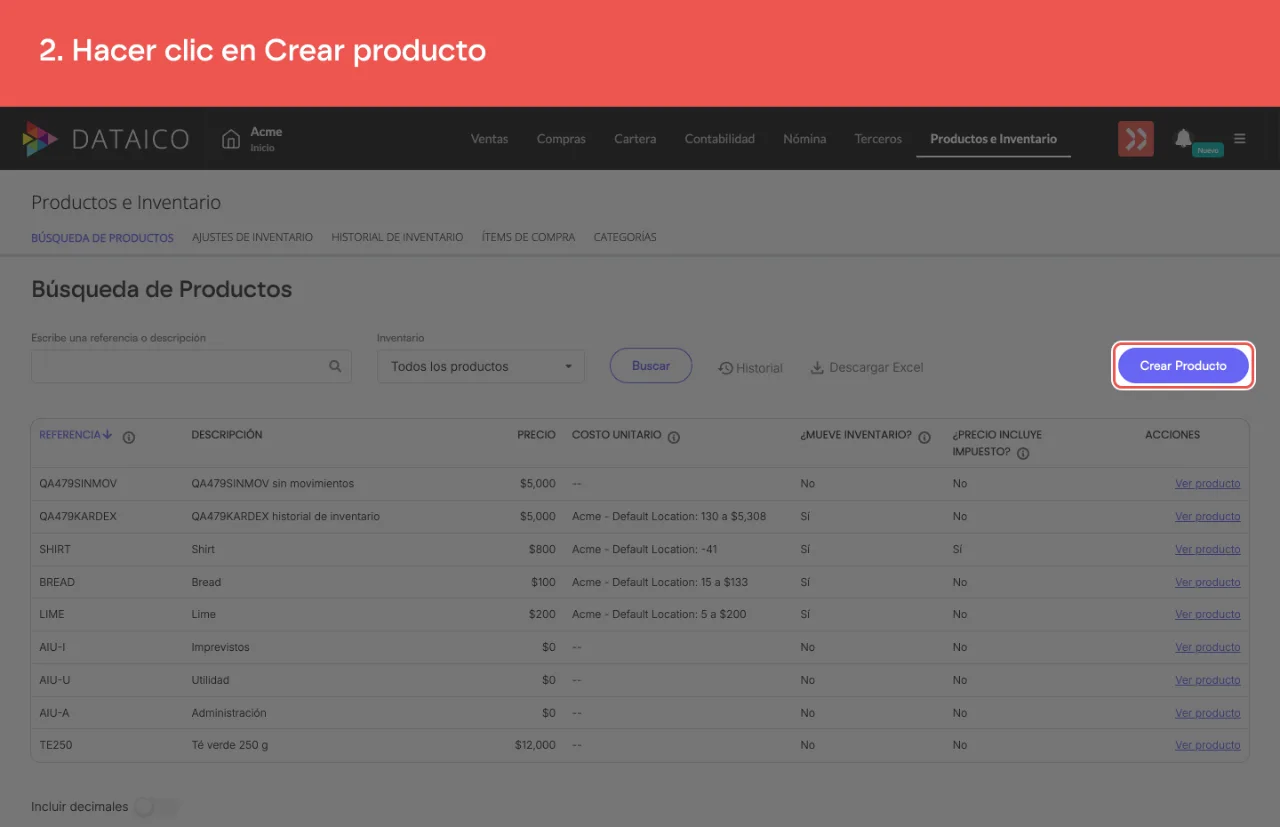 El botón Crear producto, sobre el listado del catálogo