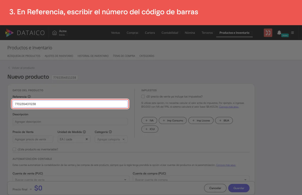 El campo Referencia del formulario, con el código de barras escrito