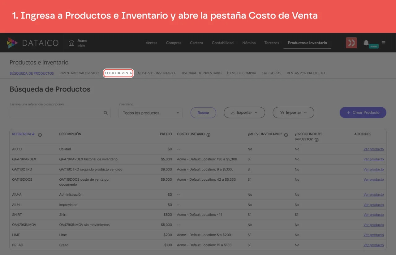 La pestaña Costo de Venta, junto a Inventario Valorizado