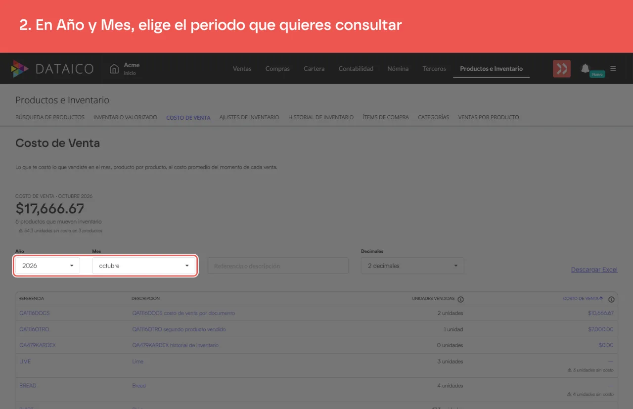 Los selectores Año y Mes, que abren en el mes en curso