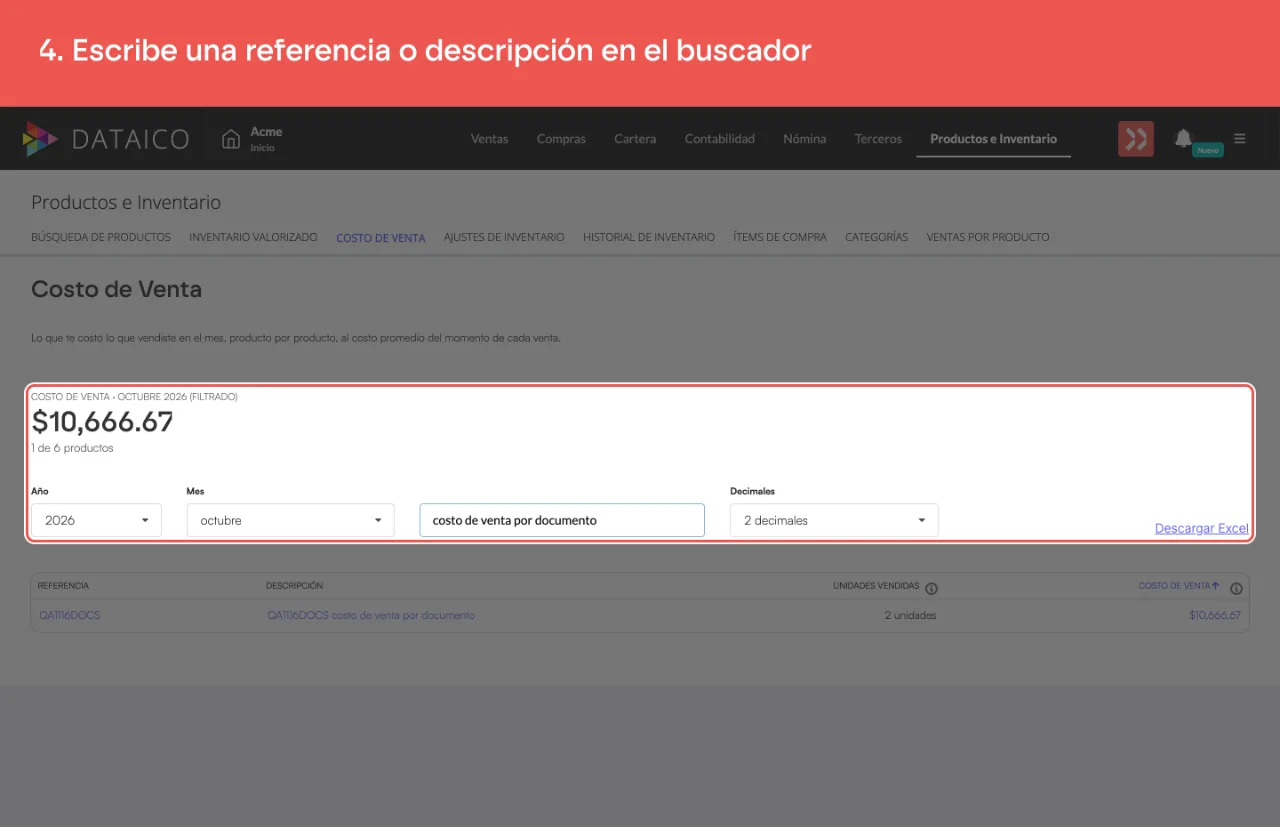 El buscador con un texto escrito y el total, marcado como FILTRADO
