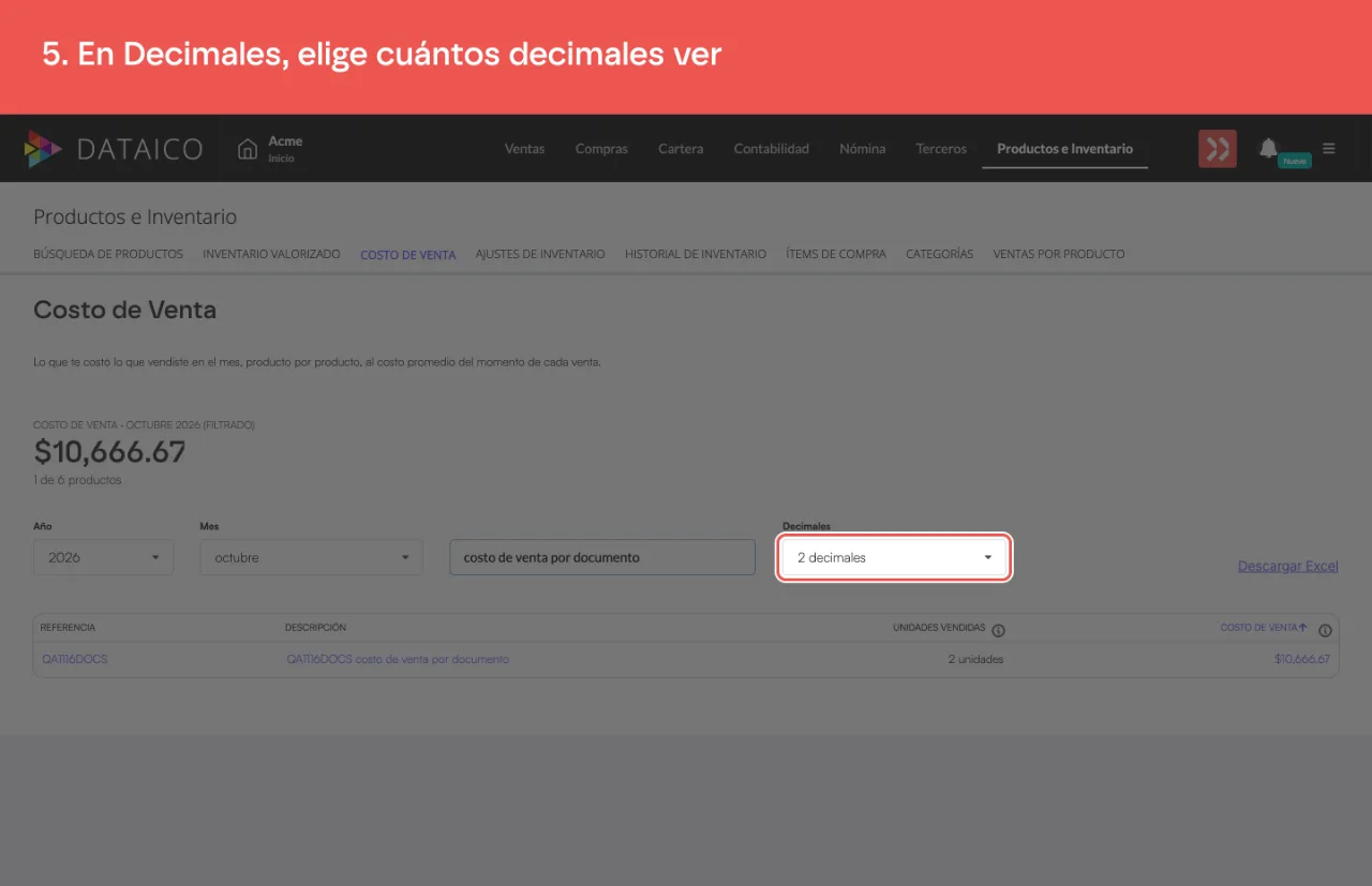 El selector Decimales