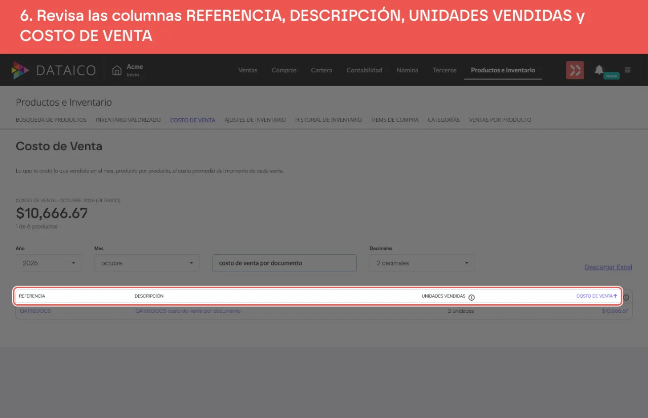 Los encabezados de la tabla: REFERENCIA, DESCRIPCIÓN, UNIDADES VENDIDAS y COSTO DE VENTA