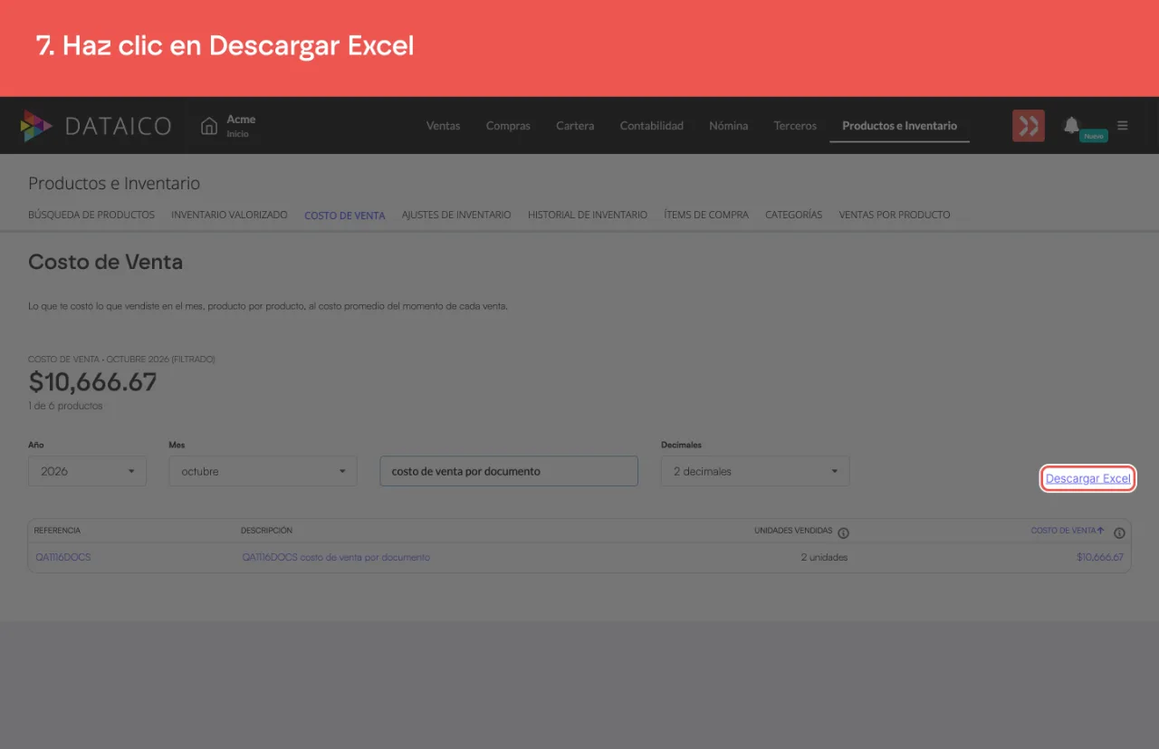 El botón Descargar Excel, a la derecha del buscador y del selector de decimales