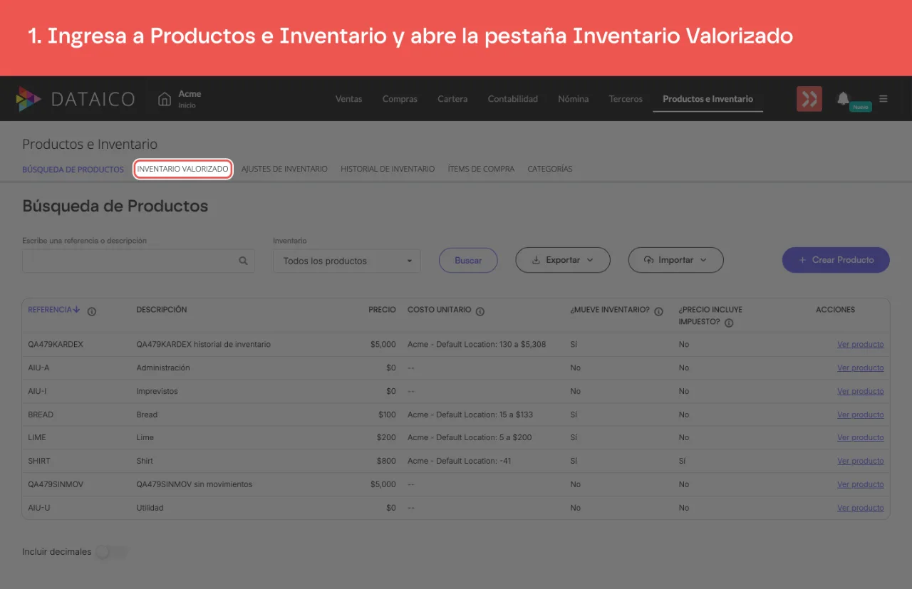 La pestaña Inventario Valorizado, junto a Búsqueda de Productos