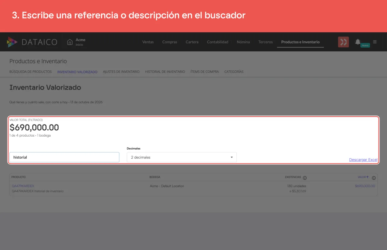 El buscador con un texto escrito y el total, que pasa a llamarse VALOR TOTAL (FILTRADO)