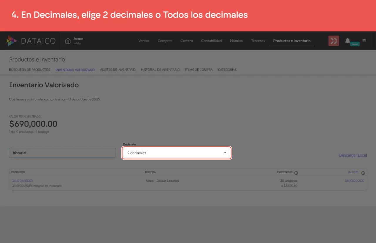 El selector Decimales, en 2 decimales