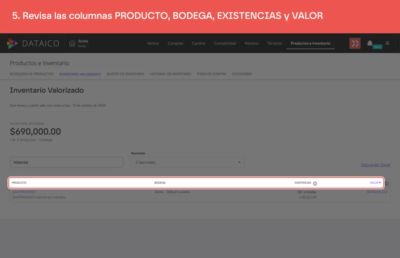 Los encabezados de la tabla: PRODUCTO, BODEGA, EXISTENCIAS y VALOR