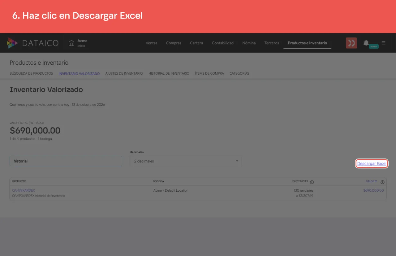 El botón Descargar Excel, a la derecha del buscador y del selector de decimales