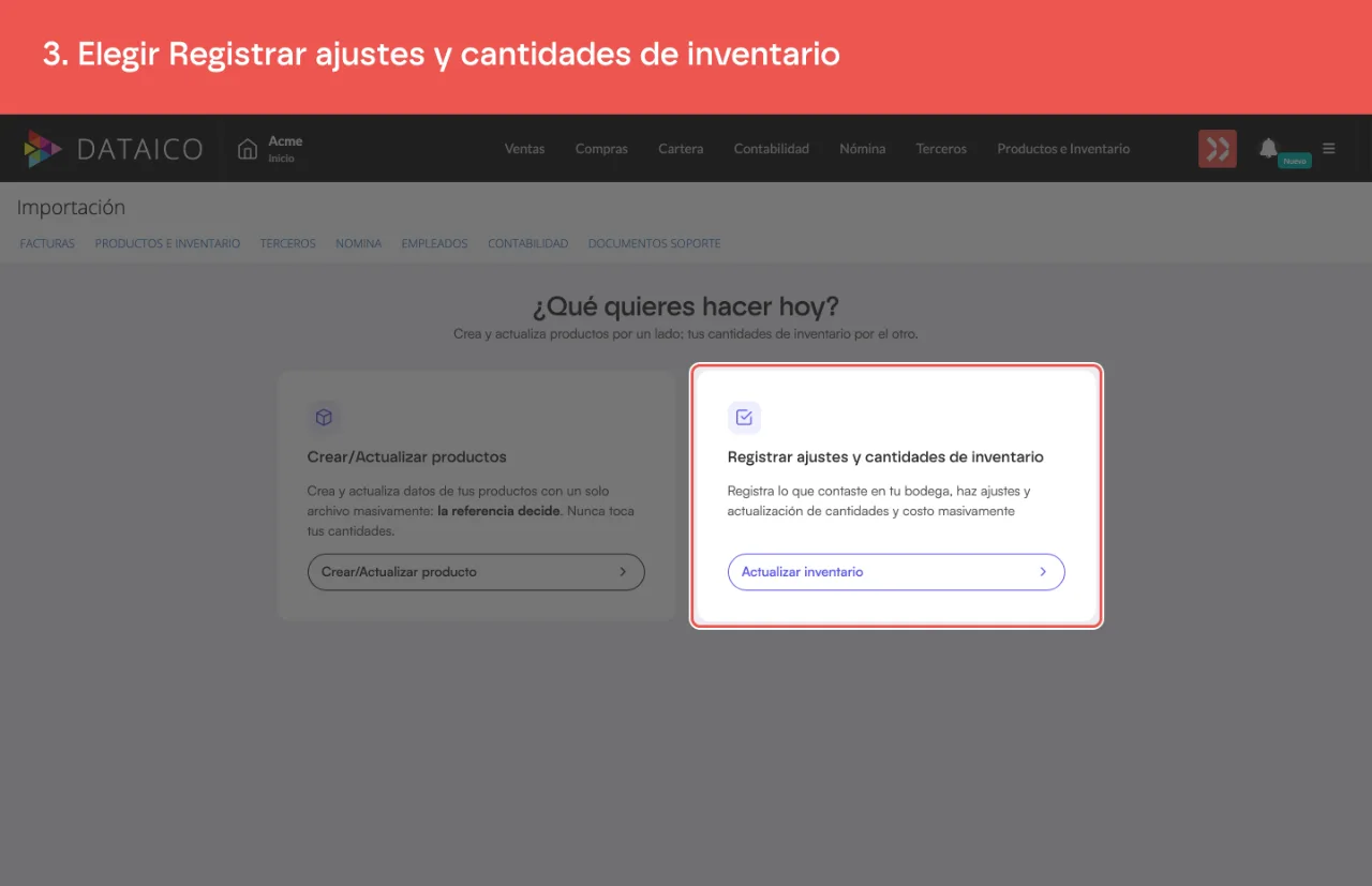 Las dos opciones de la pestaña, con Registrar ajustes y cantidades de inventario señalada
