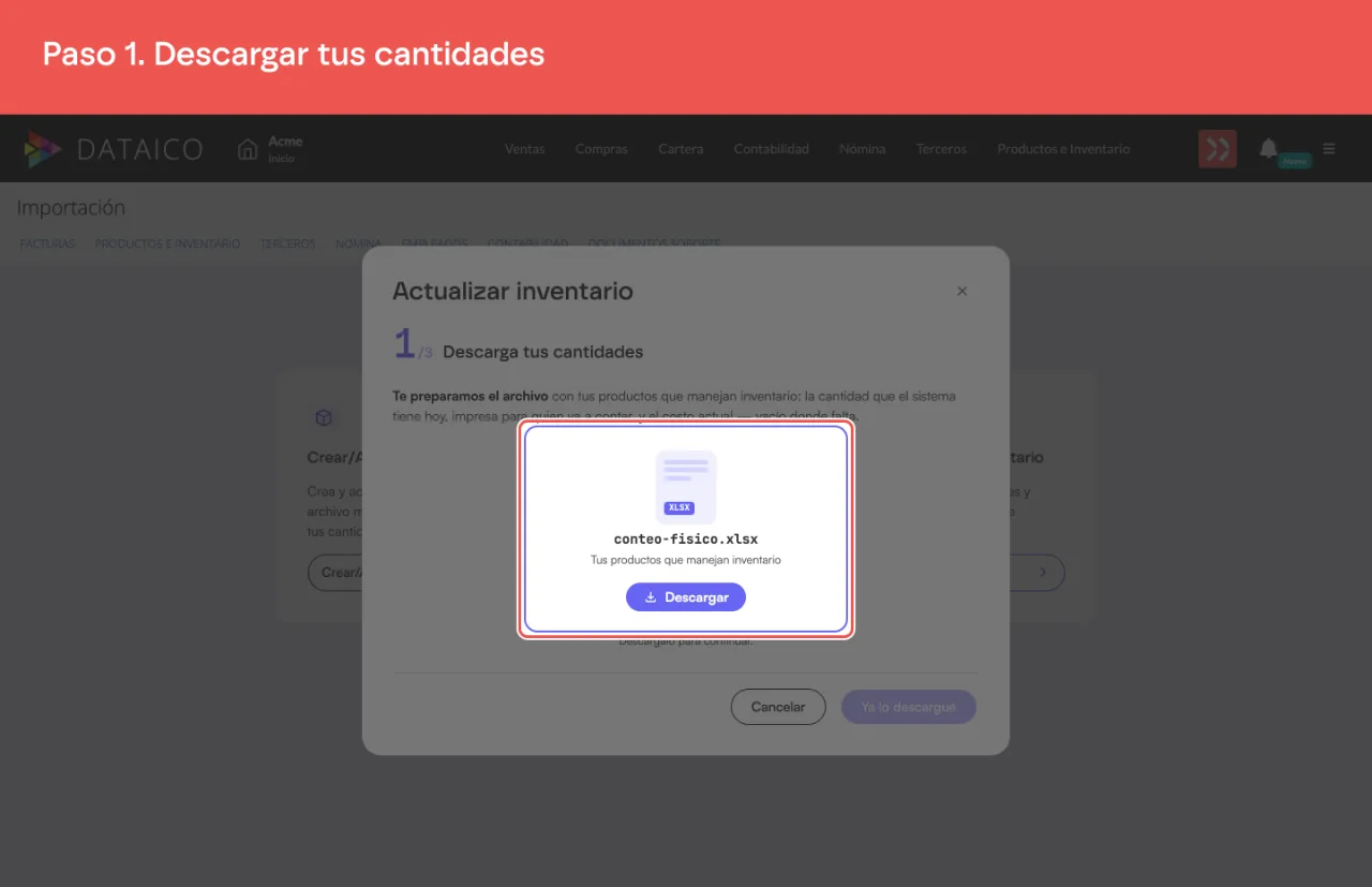 El paso 1 del asistente Actualizar inventario, con el archivo conteo-fisico.xlsx listo para descargar