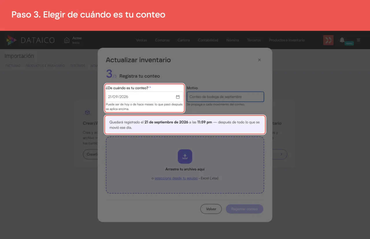 La fecha del conteo en 21/09/2026, el motivo escrito y el aviso de que el conteo queda registrado ese día a las 11:59 pm
