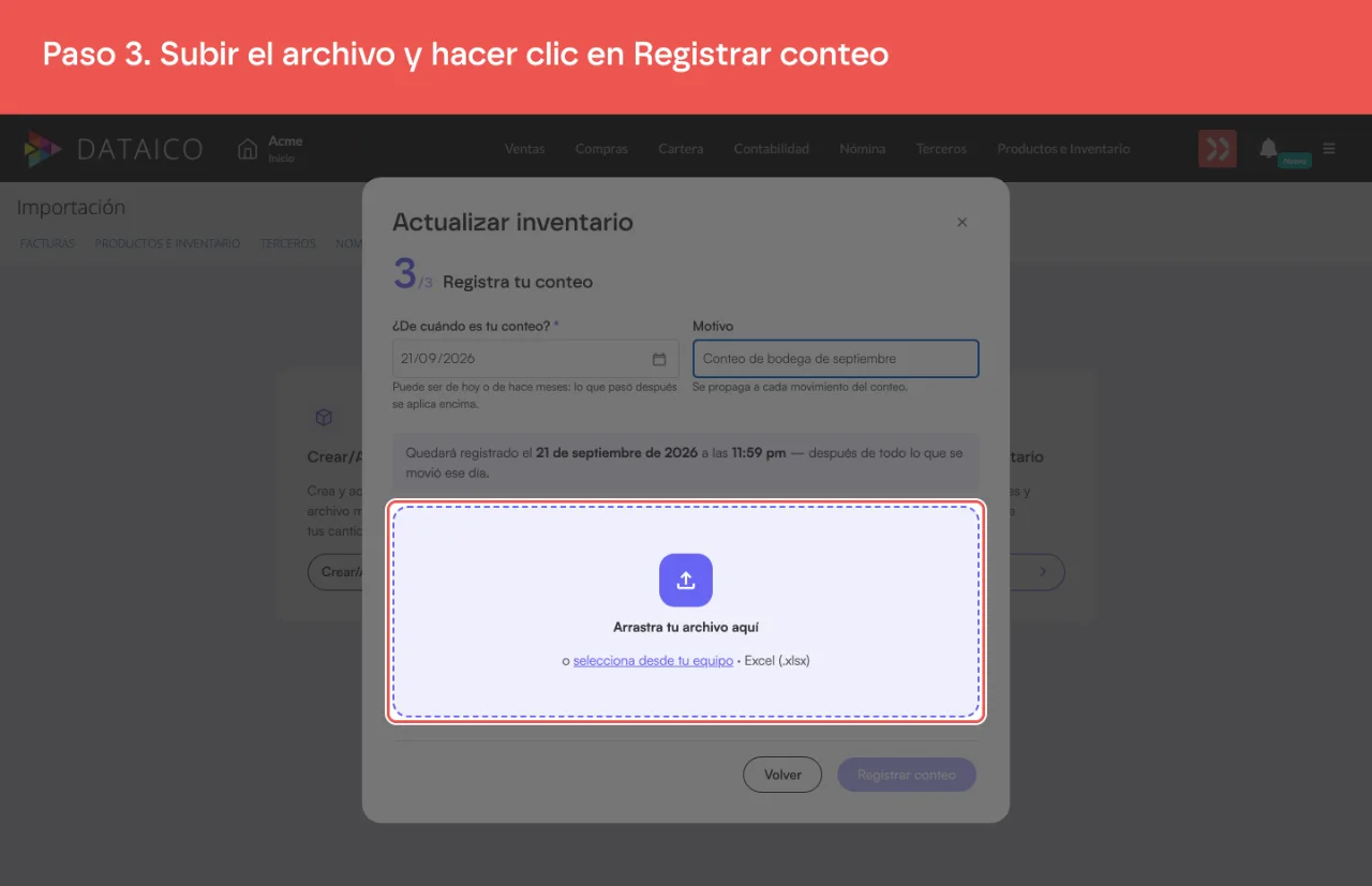 El área para subir el archivo de conteo, en formato Excel