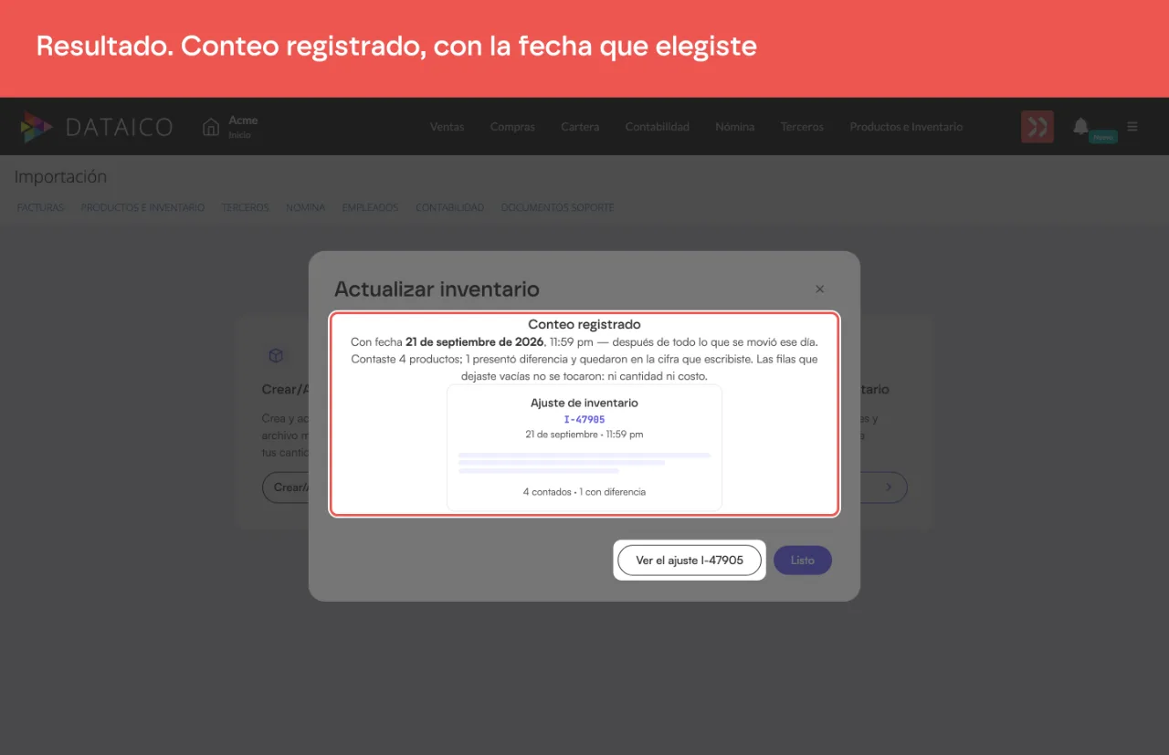 Conteo registrado: cuántos productos se contaron, cuántos presentaron diferencia y el ajuste de inventario que se generó