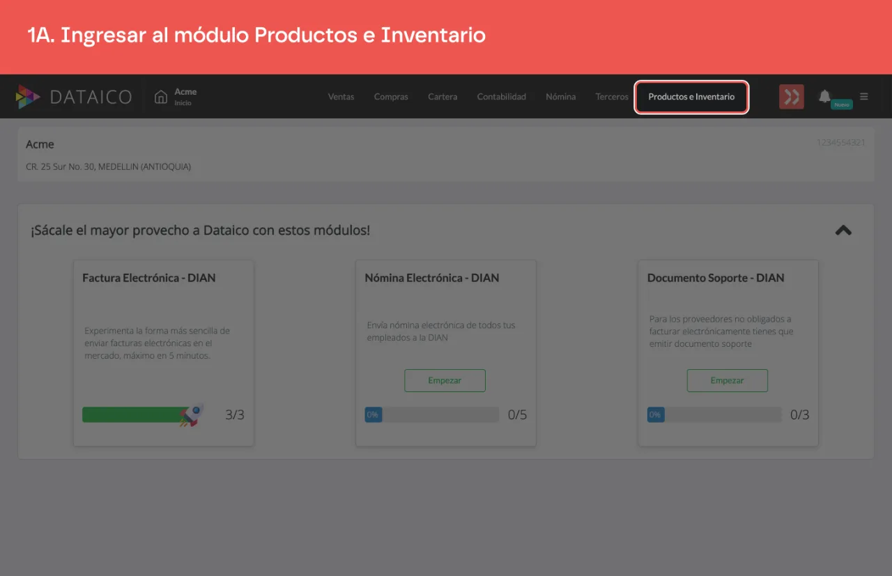 La pestaña Productos e Inventario del menú principal