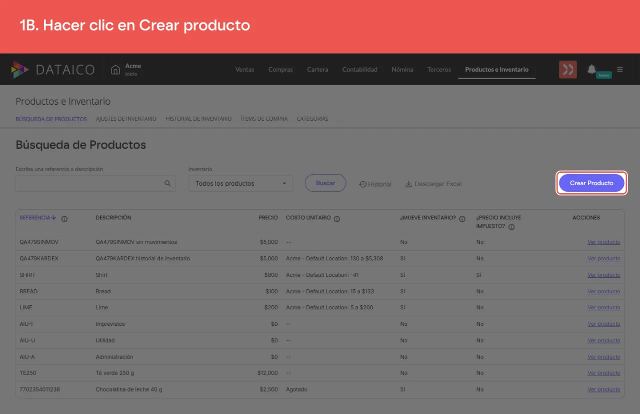 El botón Crear producto, sobre el listado del catálogo