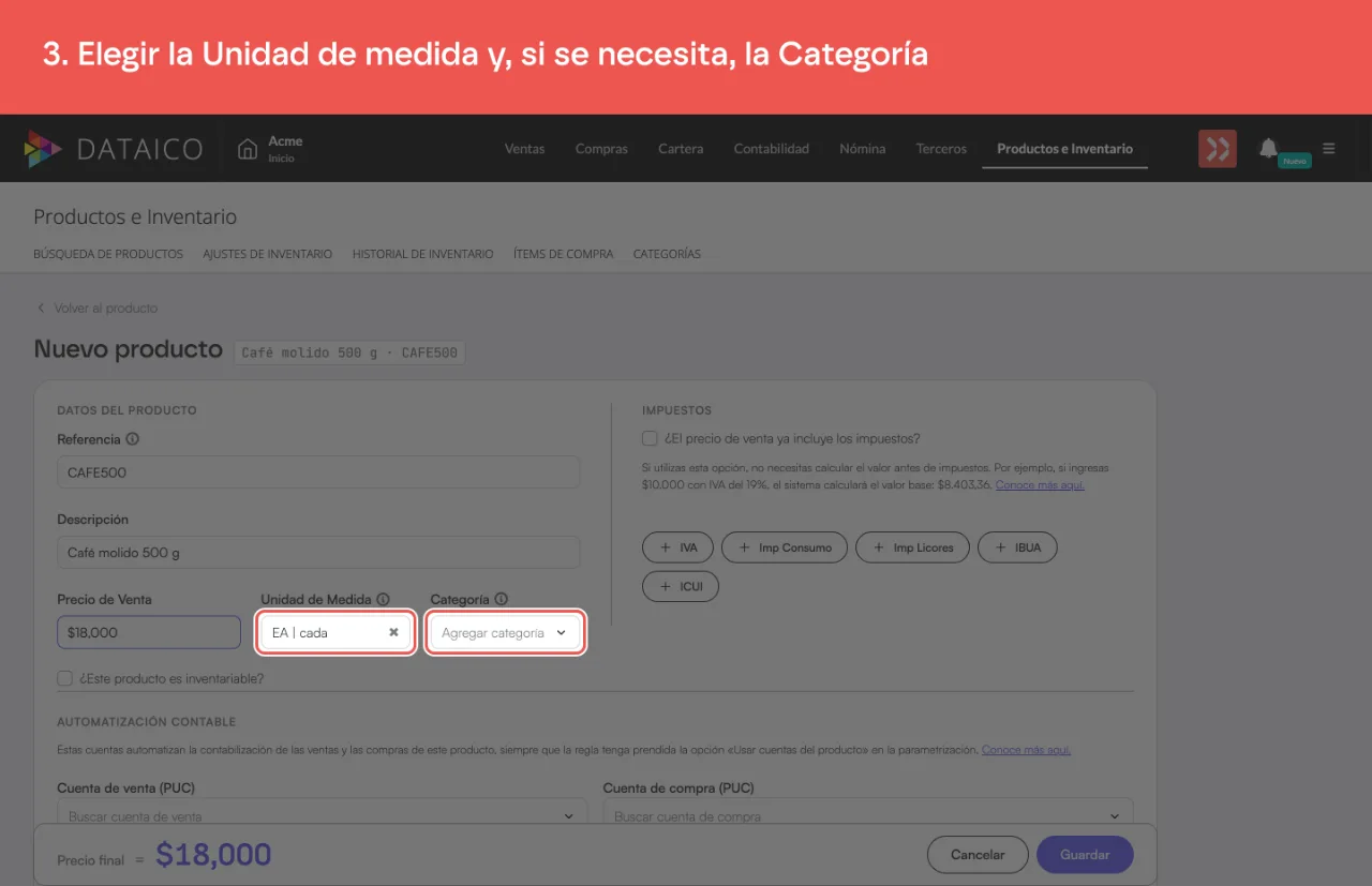 El selector Unidad de Medida, con EA | cada, y el selector Categoría, todavía vacío