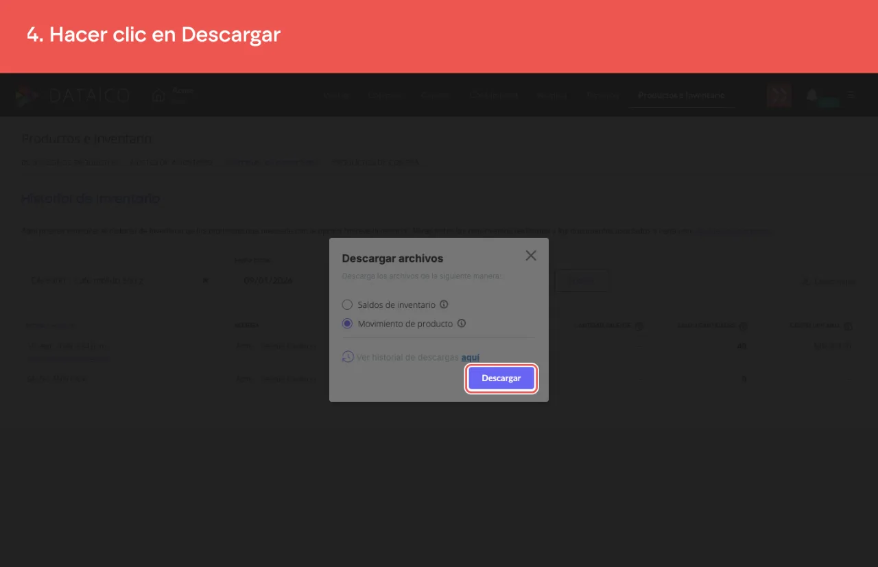 El botón Descargar de la ventana, que genera el archivo