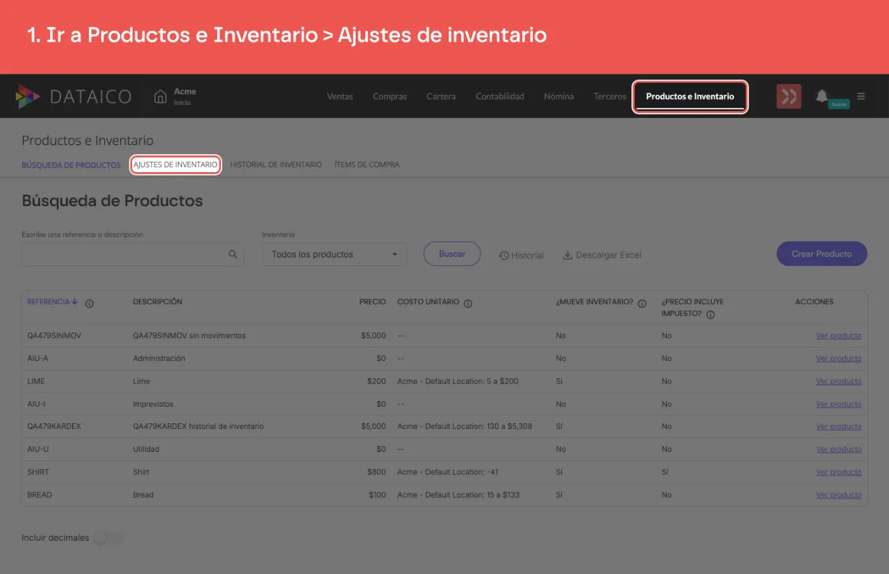 La pestaña Productos e Inventario y la subpestaña Ajustes de inventario