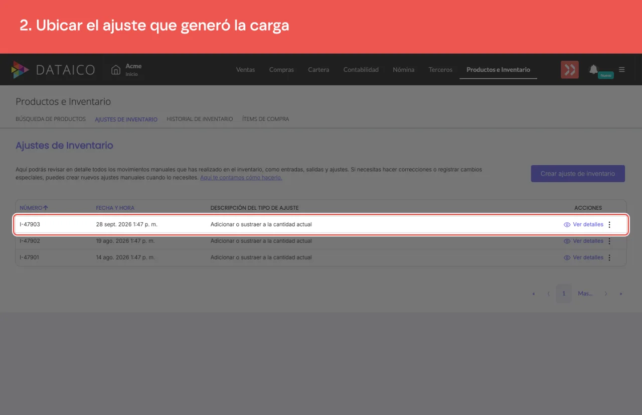 La fila del ajuste en el listado, con su fecha y su consecutivo