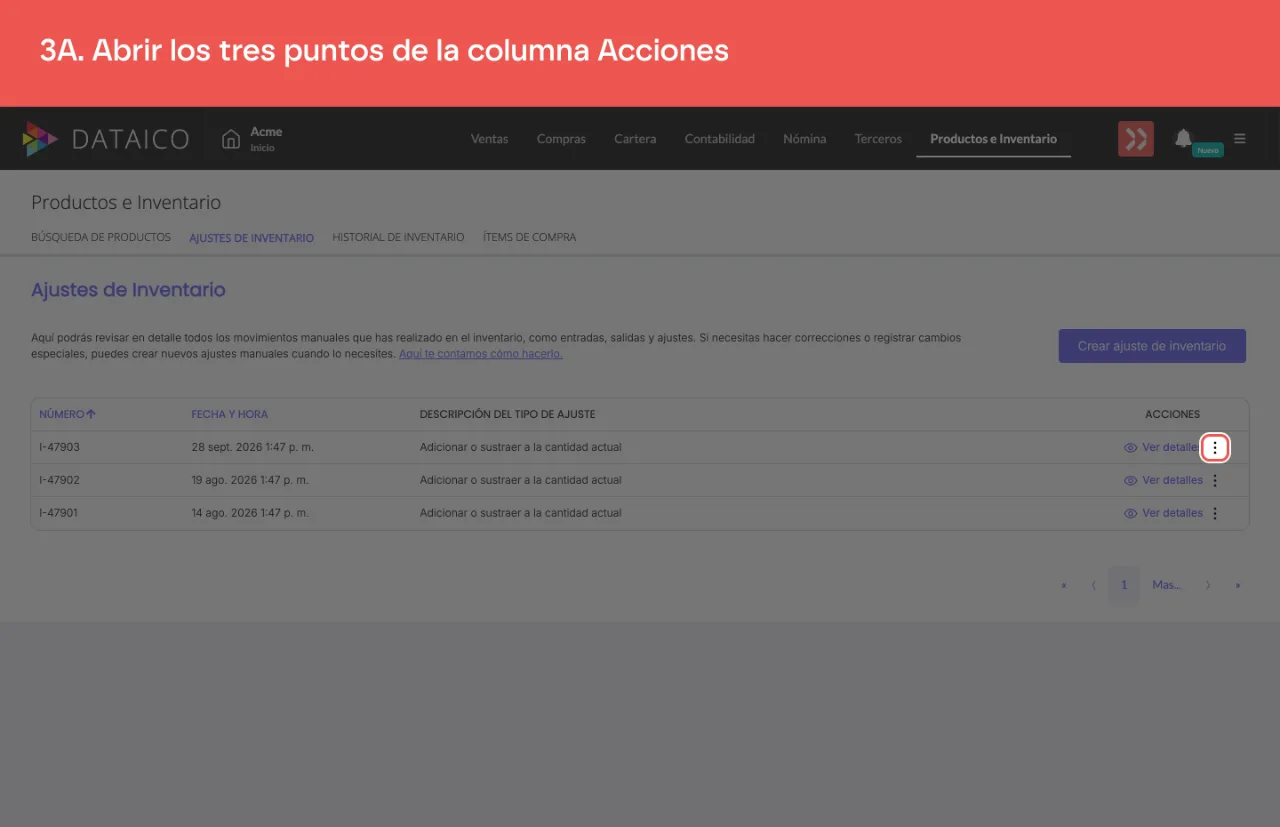 El menú de tres puntos de la fila, en la columna Acciones