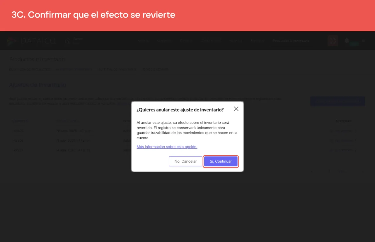 La ventana que avisa que el efecto sobre el inventario se revierte y el registro se conserva