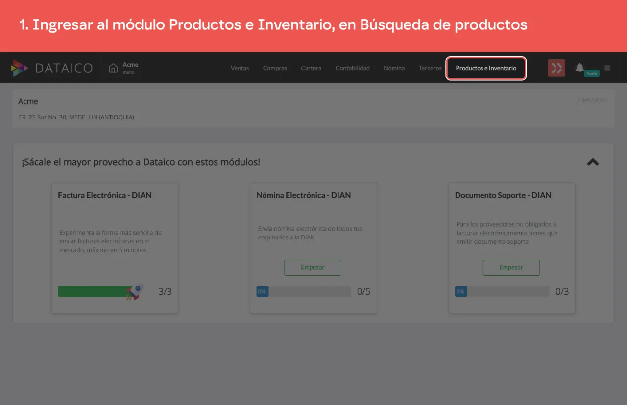 La pestaña Productos e Inventario del menú principal
