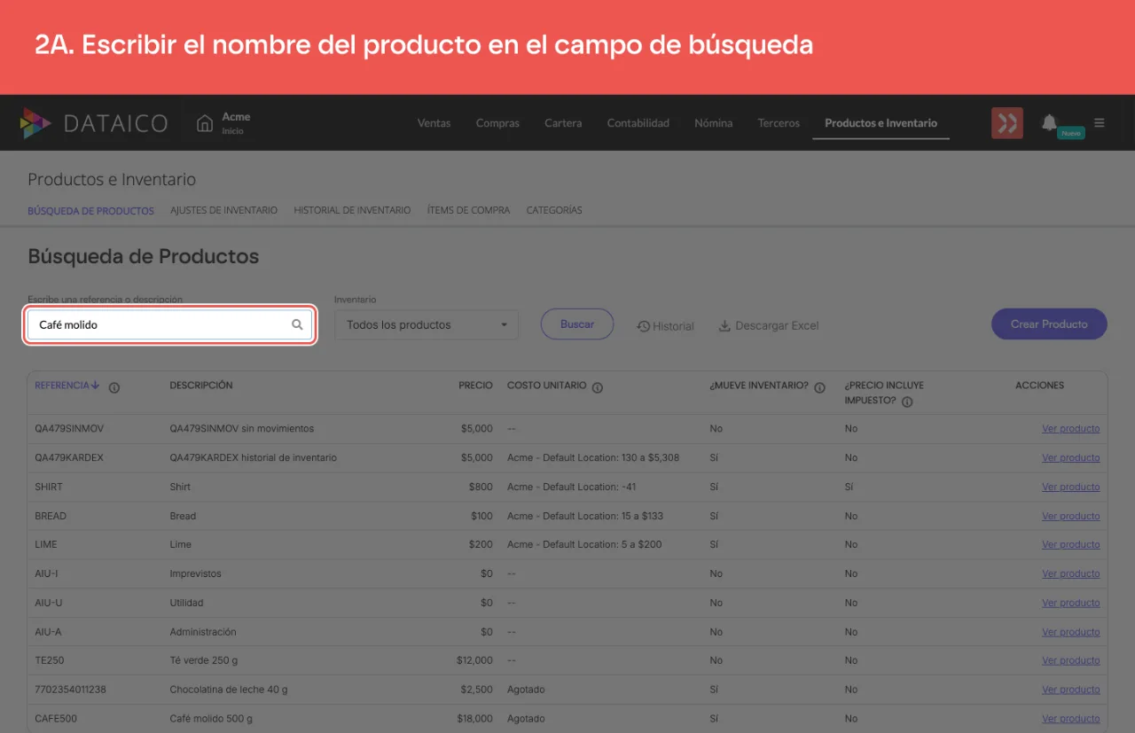 El campo de búsqueda del catálogo, con el nombre del producto escrito