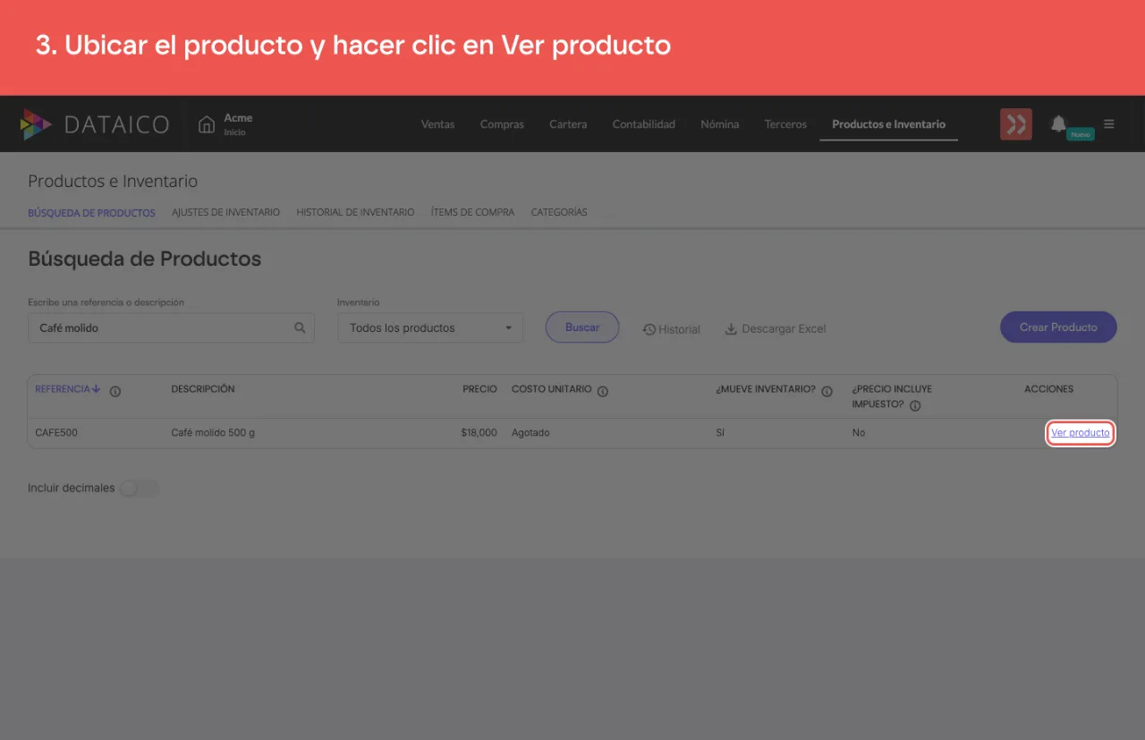 La acción Ver producto en la fila del producto encontrado