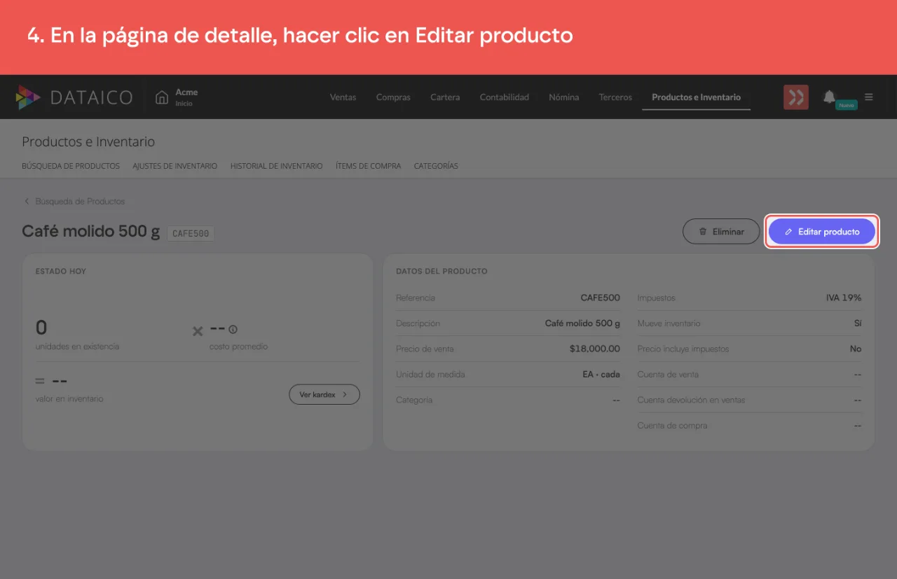 El botón Editar producto, en la ficha del producto