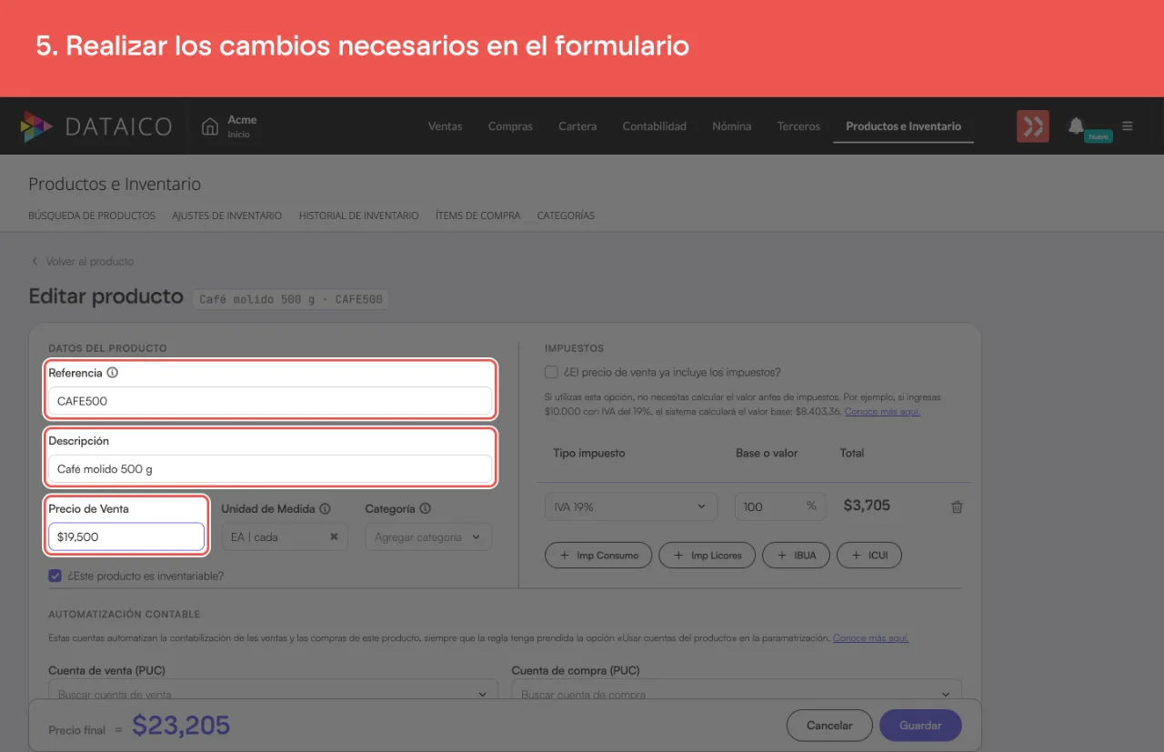 Los campos Referencia, Descripción y Precio de Venta del formulario del producto, con el precio cambiado