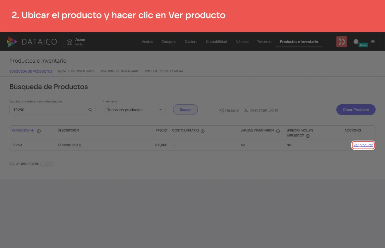 La acción Ver producto en la fila del producto encontrado