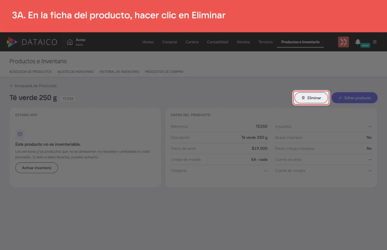 El botón Eliminar, en la ficha del producto