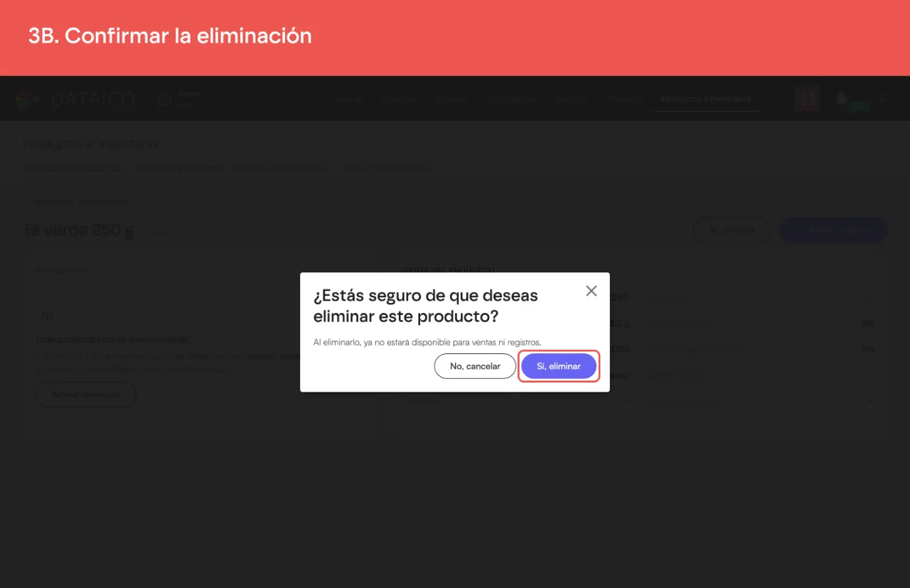 El cuadro de confirmación de la eliminación del producto