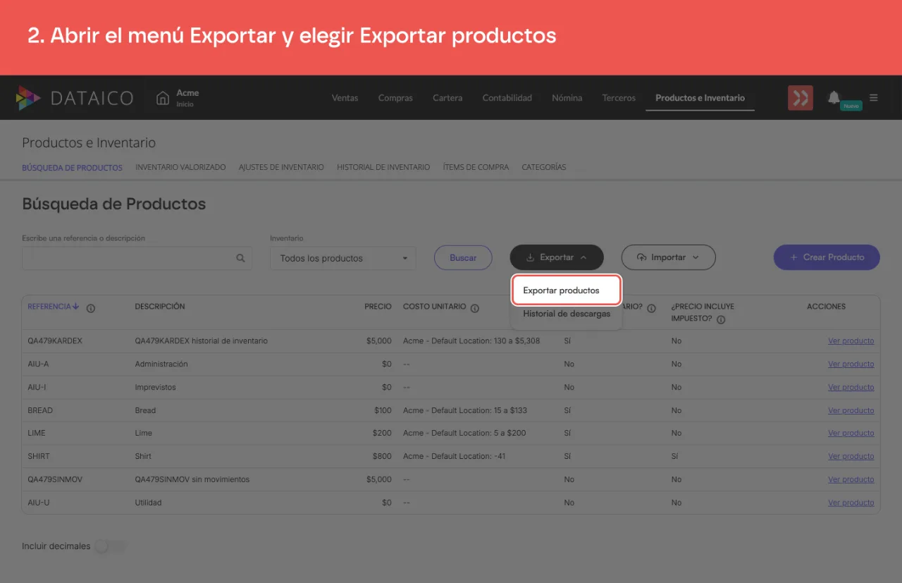 El menú Exportar abierto, con la opción Exportar productos