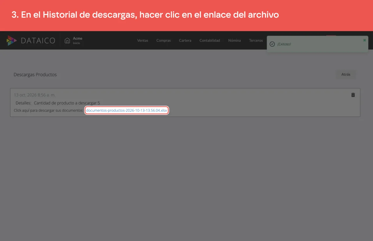 El enlace al archivo generado, en la pantalla de descargas