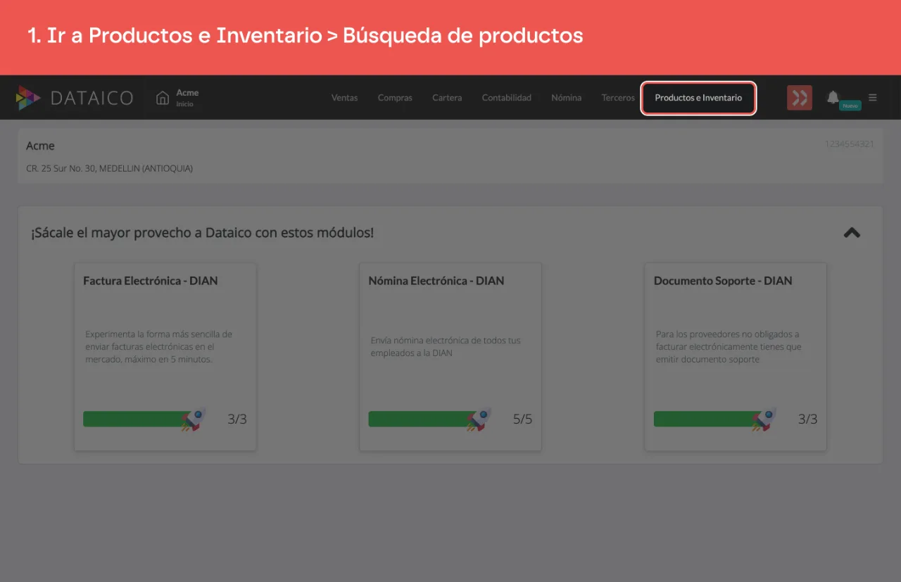 La pestaña Productos e Inventario del menú principal, que abre Búsqueda de productos