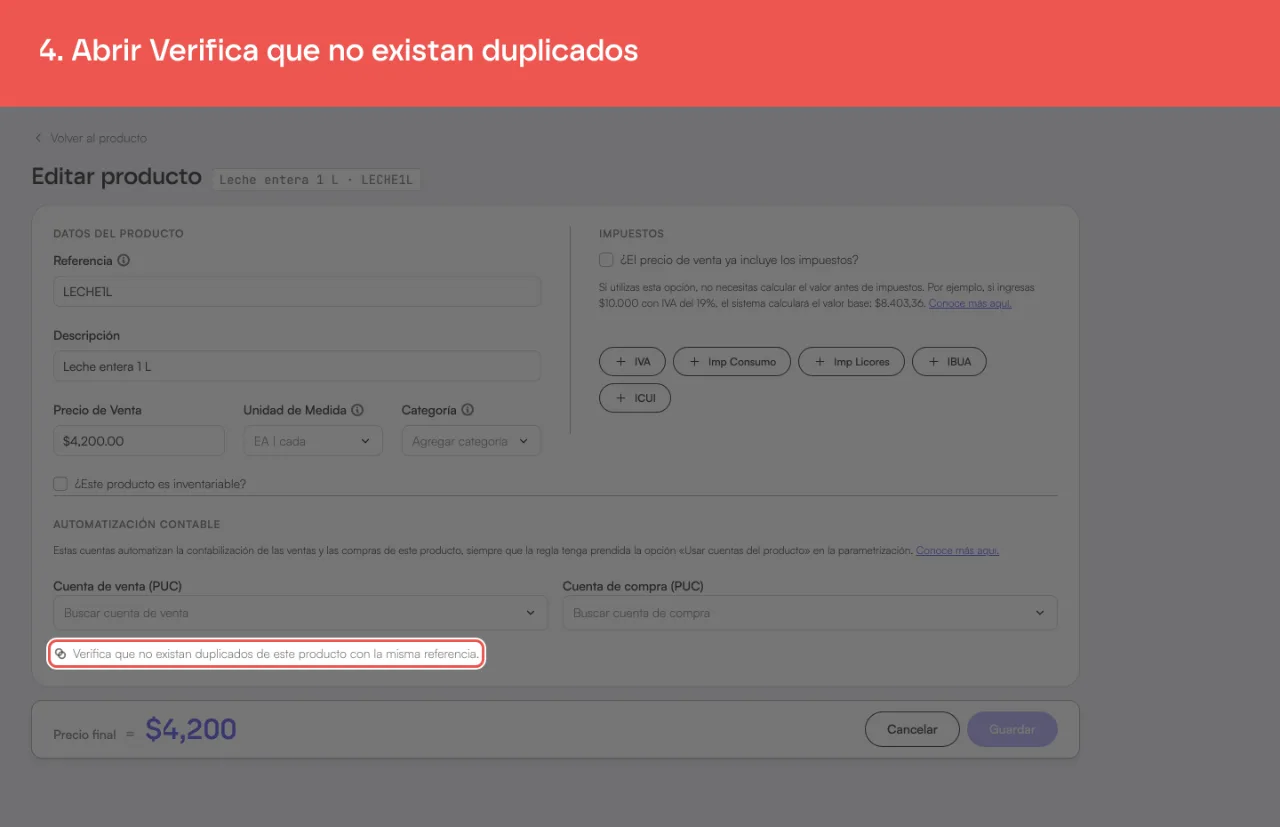El enlace Verifica que no existan duplicados de este producto con la misma referencia, al final del formulario