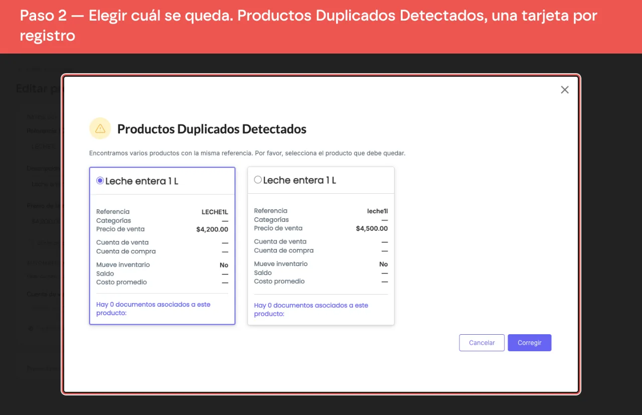 El diálogo Productos Duplicados Detectados con una tarjeta por producto: referencia, categorías, precio, cuentas, inventario y documentos asociados, y los botones Cancelar y Corregir