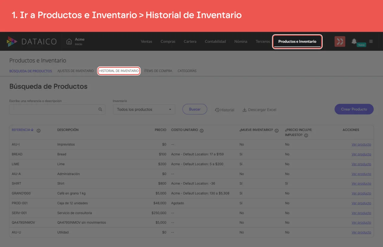 La pestaña Productos e Inventario y la subpestaña Historial de Inventario