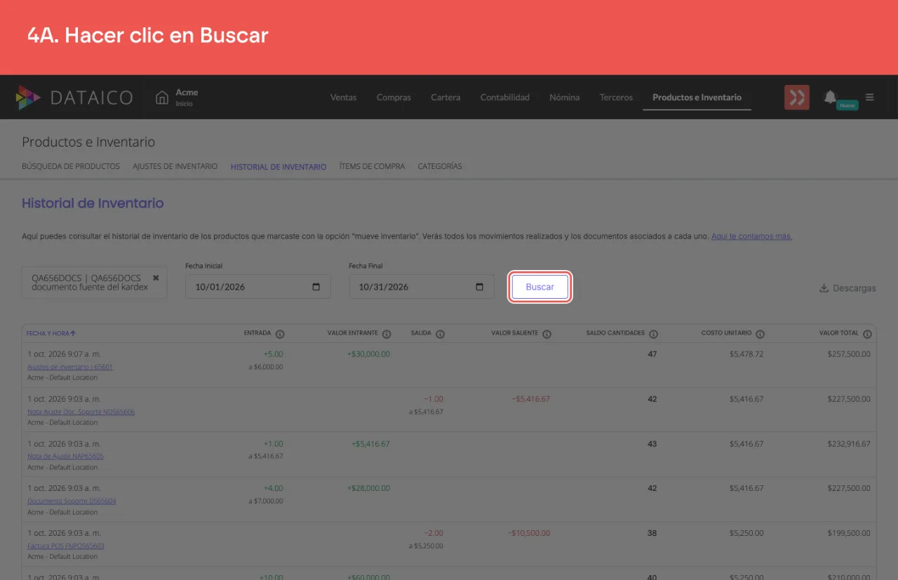 El botón Buscar, que aplica el producto y el rango al reporte