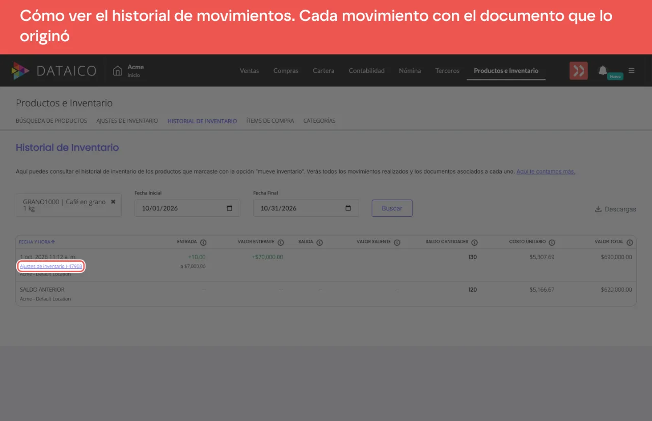 El Historial de Inventario de un producto: debajo de la fecha del movimiento, el enlace al ajuste de inventario que lo originó; abajo, la fila SALDO ANTERIOR