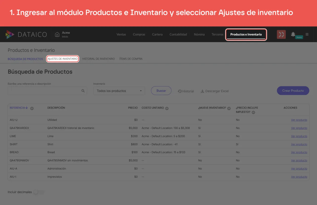 La pestaña Productos e Inventario y la subpestaña Ajustes de inventario