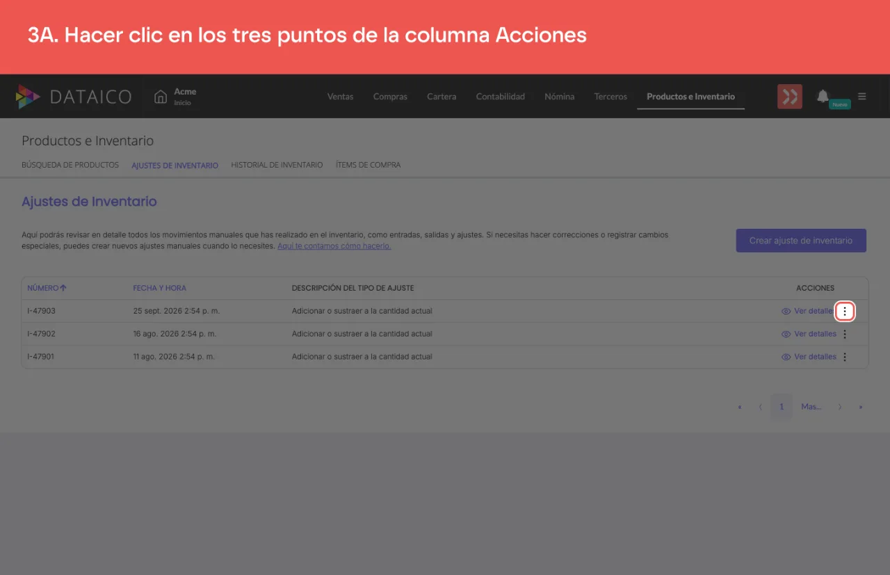 El menú de tres puntos de la fila, en la columna Acciones
